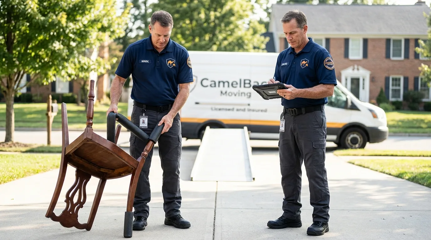 Movers inspecting furniture for damage prevention before loading in Chickamauga, GA